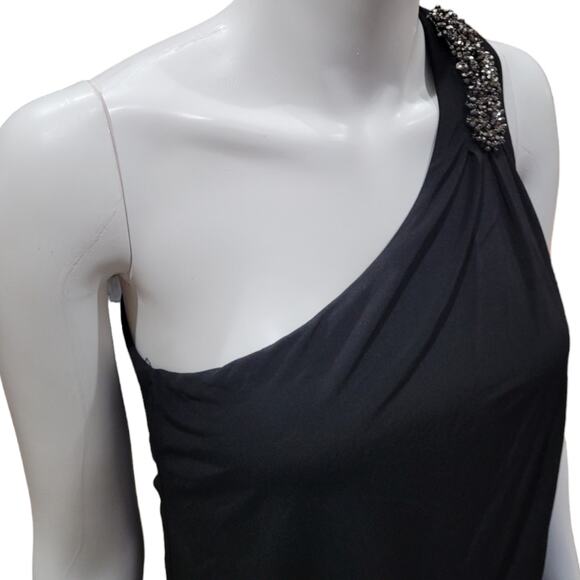 Jodi Kristopher Black Single Shoulder Rhinestone Dress Sz Small Draped Formal - Picture 10 of 10